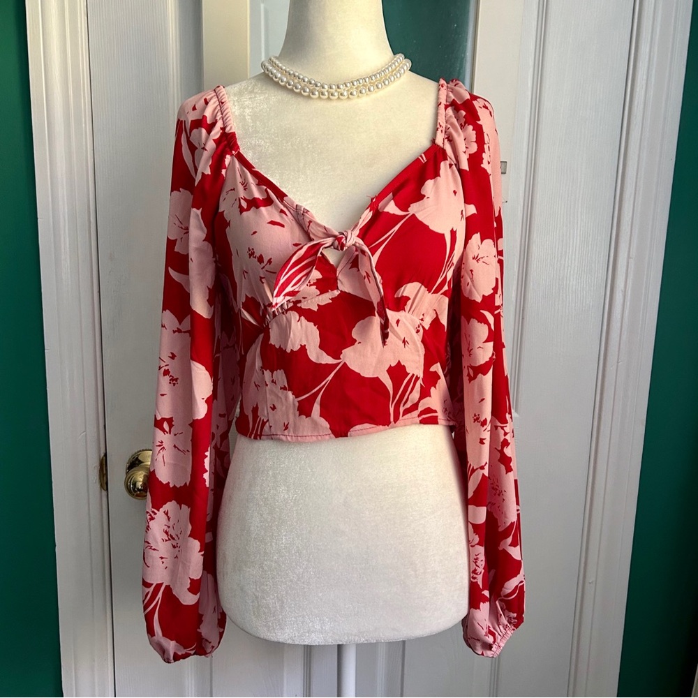 Floral Red and Pink Ruched Blouse Small